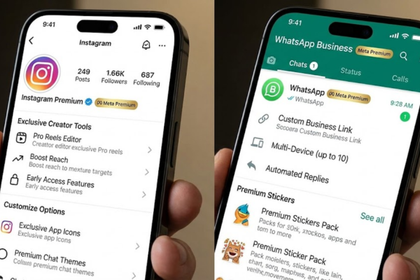 Smartphone exibindo interface conceitual de recursos premium no Instagram e WhatsApp