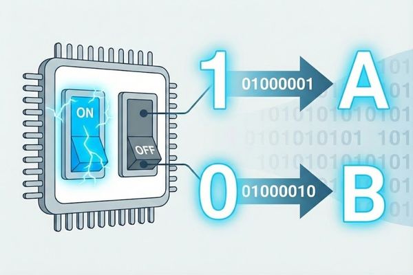conversão de interruptores desligados e ligados para números binários e depois para letras